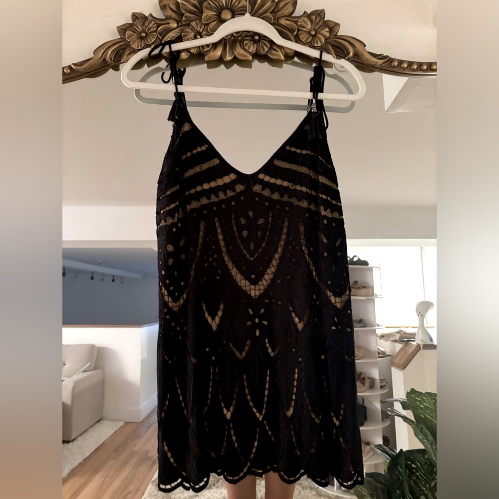 Free people lace overlay black tie strap dress